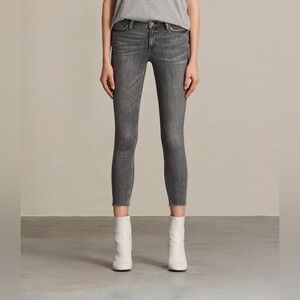 ALL SAINTS Mast Low Mid Rise Crop Skinny Jean Medium Grey Raw Hem Stretch Denim